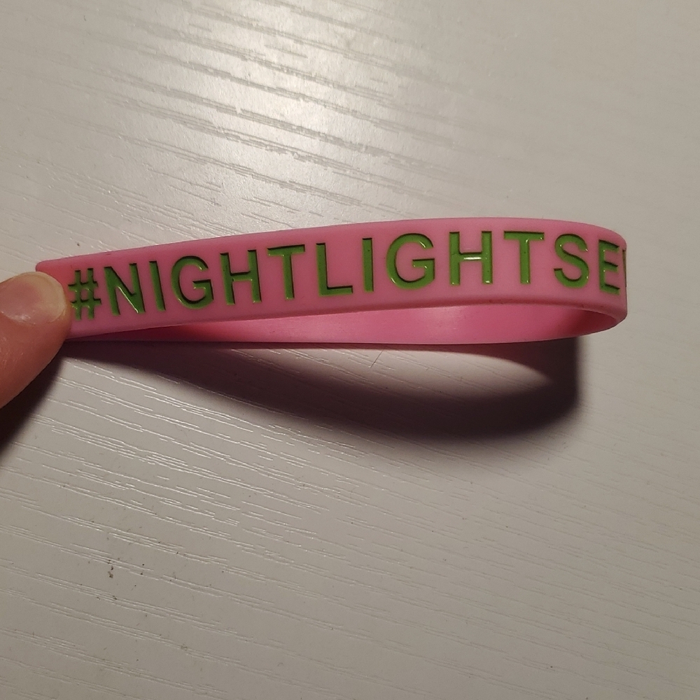 Pink Bracelet with Green Text